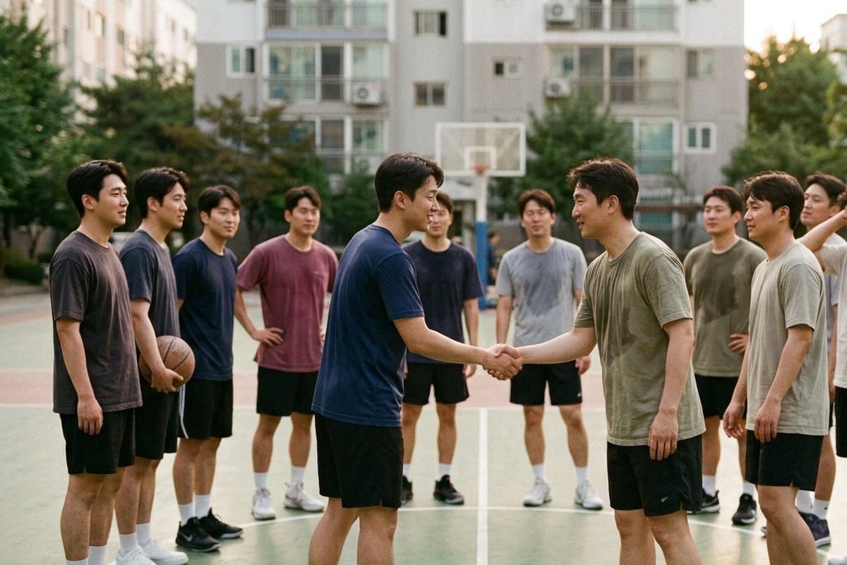 아파트 단지 야외 코트에서 처음 만난 두 팀이 악수하는 모습