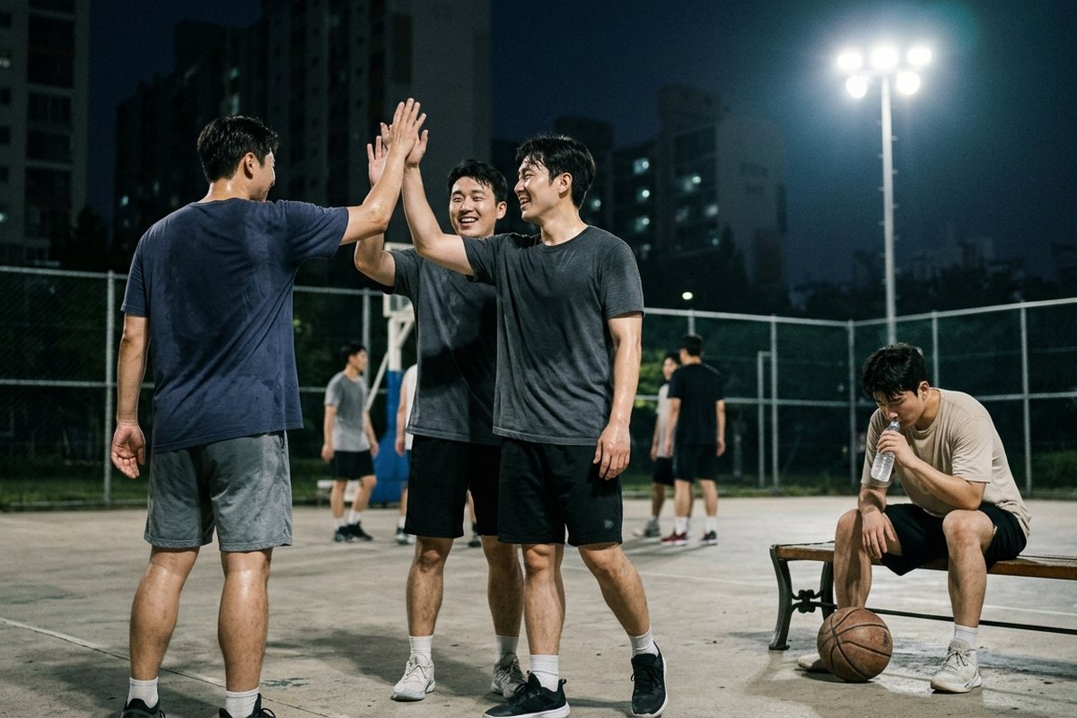 조명 아래 야외 코트에서 경기를 마치고 하이파이브하는 선수들