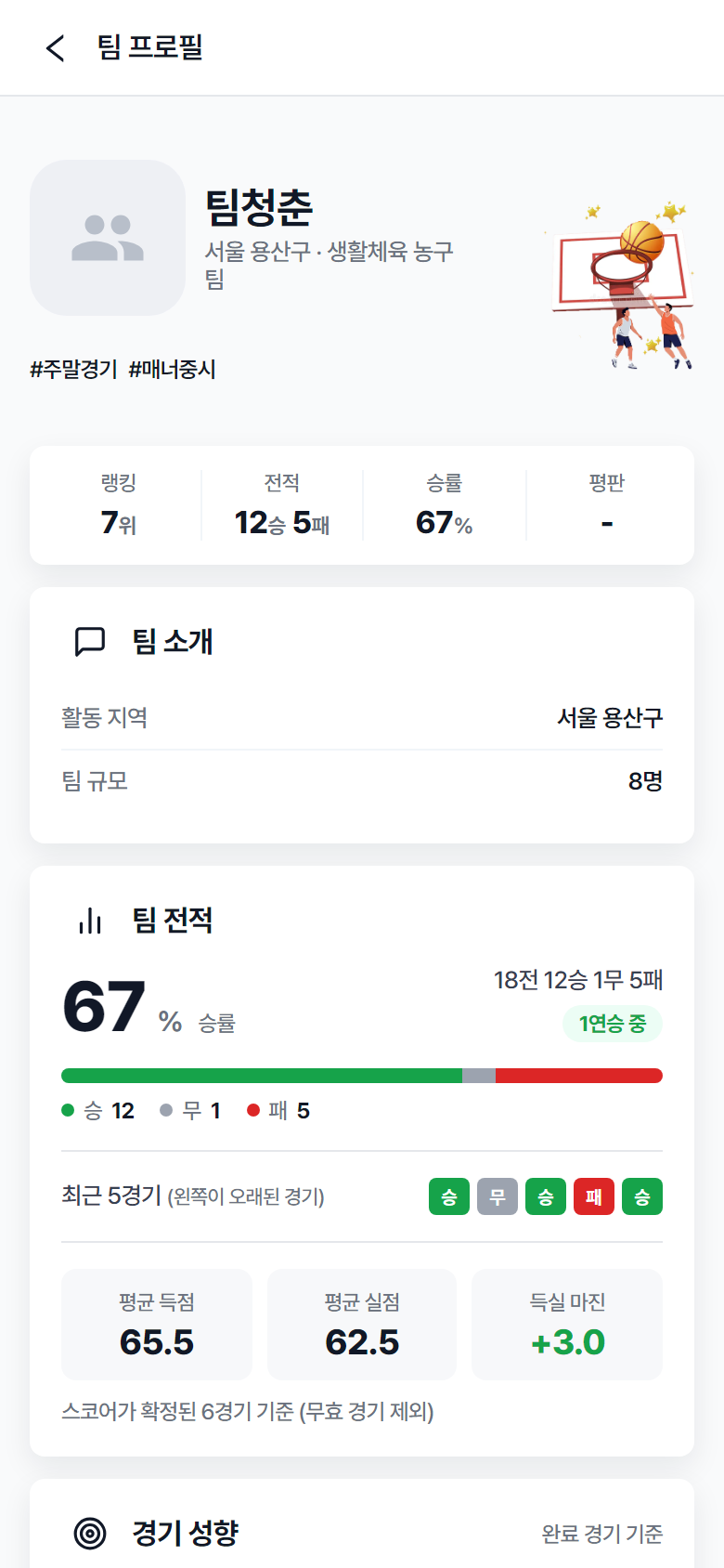 팀 프로필 전적 화면